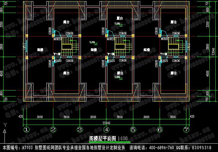 at103三层三户联排带车库阁楼别墅建筑施工设计图纸22m×12m